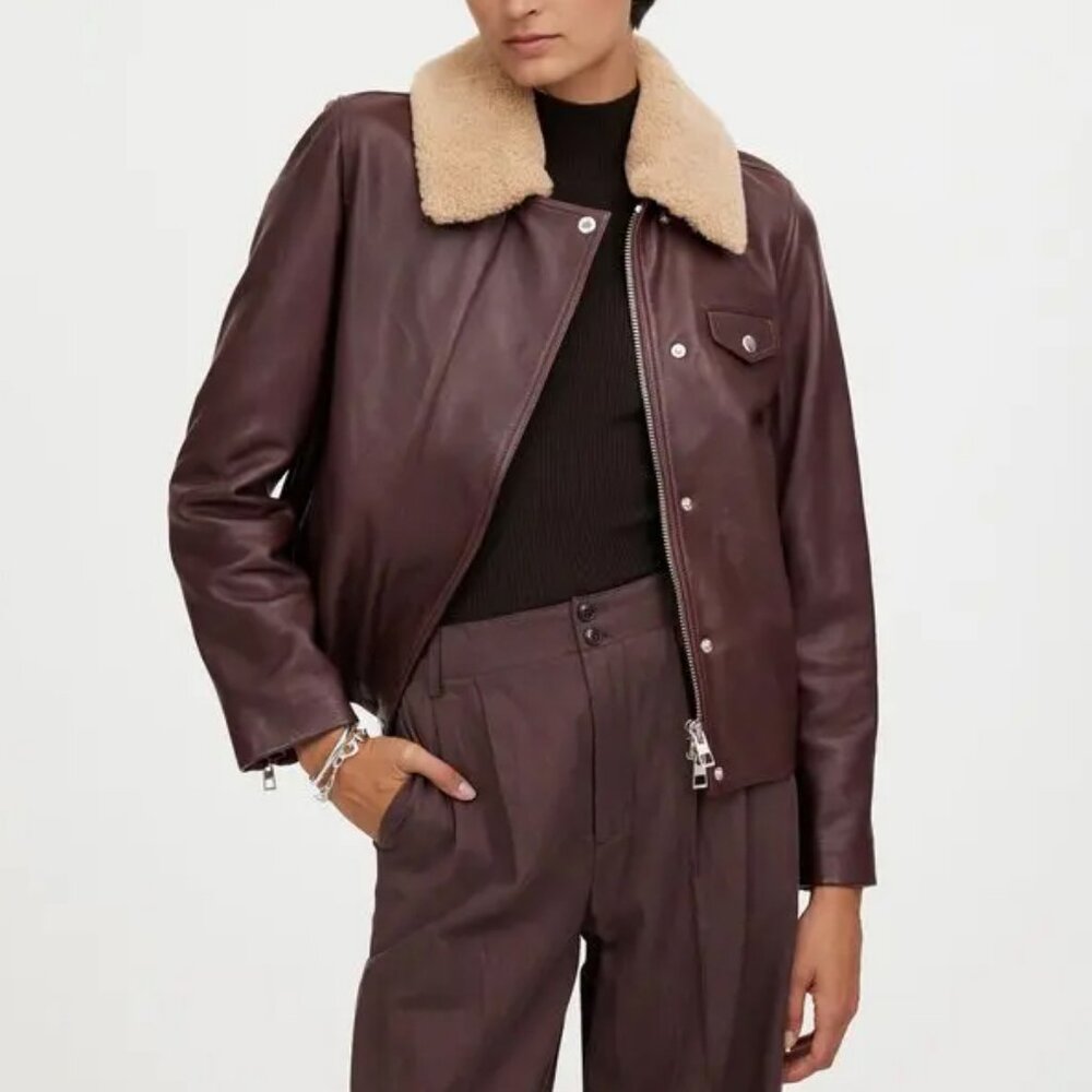 Madewell Sherpa-Collar Asymmetric Zip Leather Jacket Dark Coffee